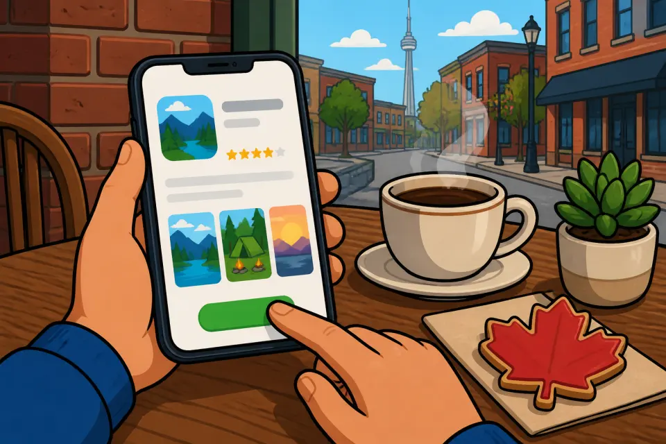 Hands holding a phone at a cafe table before opening a store listing
