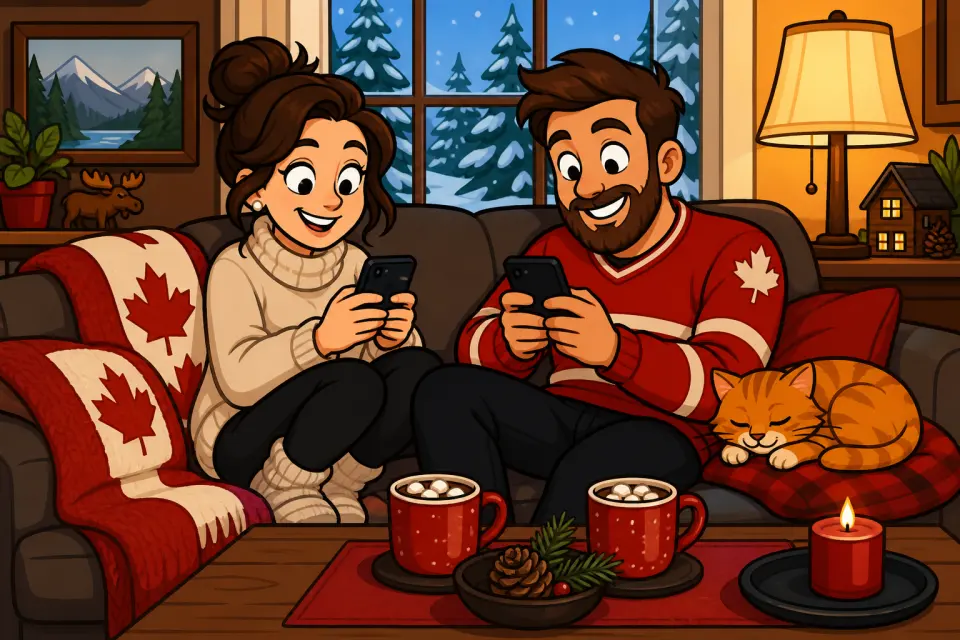 Two friends on a sofa in a Canadian living room playing social games on their phones