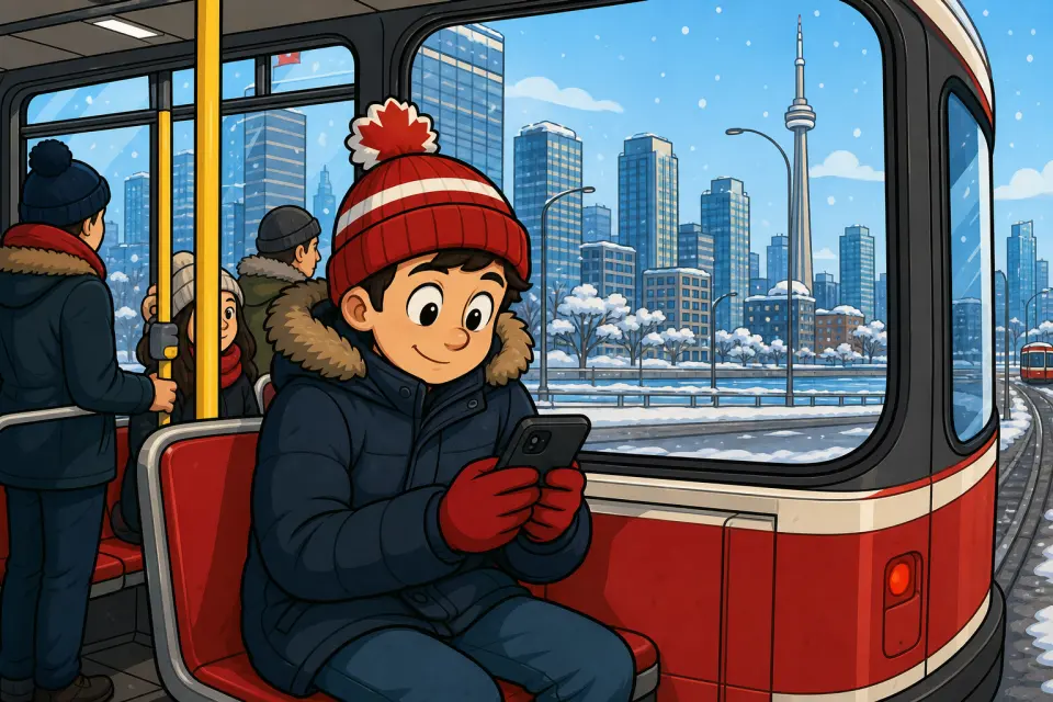 A commuter on a Toronto streetcar looking at a phone in winter